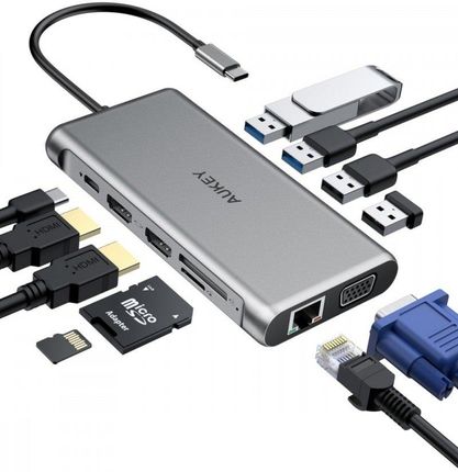 CB-C78 aluminiowy HUB USB-C | 12w1 | RJ45 Ethernet 10/100/1000Mbps | 2xUSB 3.1 | 2xUSB 2.0 | 2xHDMI 4k@30Hz | VGA | SD i microSD (CBC78)