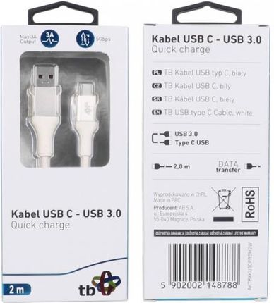 TB KABEL USB 3.0 - USB C 2M PREMIUM 3A BIAŁY TPE (AKXKU3CPREM2W)