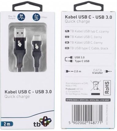 TB KABEL USB 3.0 - USB C 2M PREMIUM 3A CZARNY TPE (AKXKU3CPREM2B) 