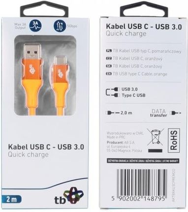 TB KABEL USB 3.0 - USB C 2M PREMIUM 3A POMARAŃCZOWY TPE (AKXKU3CPREM2O)