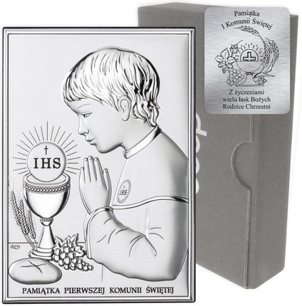 Obrazek Srebrny Pamiątka I Komunii dla chłopca prostokąt z podpisem Dono DS04O