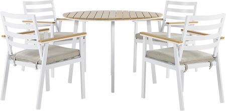 Beliani Zestaw mebli ogrodowych biały stół krzesła aluminium beżowe poduszki Cavoli