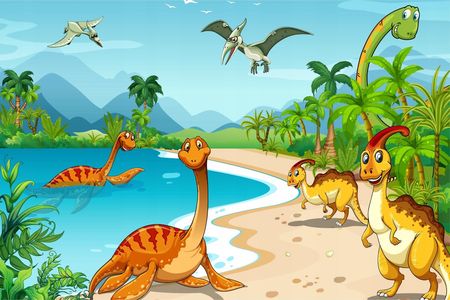 Fototapeta dziecięca Dinozaury plaża palmy 400x280