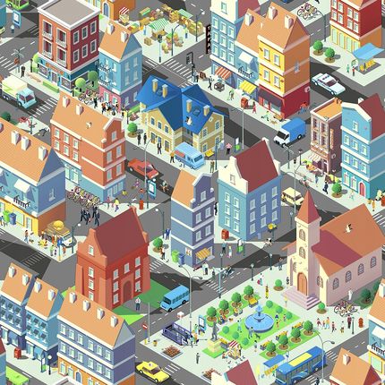 Tapeta 3D dla dzieci miasto auta domy ulice kolory