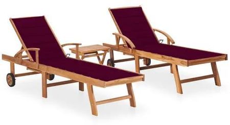 Leżaki ze stolikiem i poduszkami, 2 szt., lite drewno tekowe