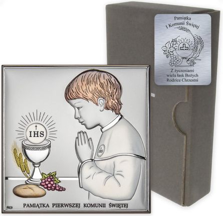Obrazek Srebrny Pamiątka I Komunii dla chłopca prostokąt z podpisem kolor DS48CO