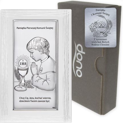 Obrazek Srebrny Pamiątka I Komunii dla chłopca prostokąt z podpisem Dono DS30O