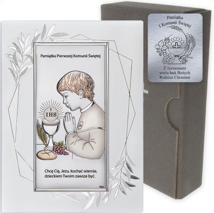 Obrazek Srebrny Pamiątka I Komunii dla chłopca prostokąt z podpisem kolor DS30FOCO