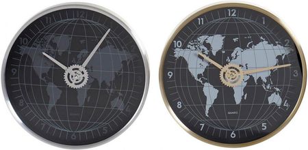 Dkd Home Decor Zegar Ścienny Czarny Aluminium Szkło Złoty Srebrzysty Mapa Świata 2Szt. 30X4.3X30Cm (S3016704)