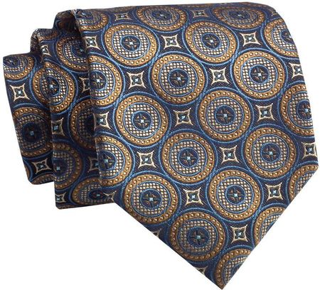 Krawat Klasyczny, Granatowo-Brązowy w Kółka, Geometryczny Wzór, Szeroki 8 cm, Elegancki -CHATTIER KRCH1284
