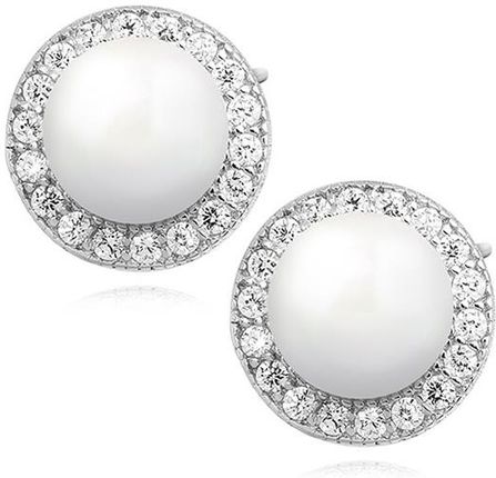 Delikatne rodowane okrągłe srebrne kolczyki perły perełki cyrkonie srebro 925 Z1119E