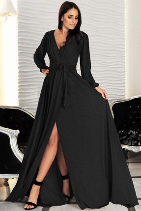Brokatowa suknia wieczorowa o kopertowym kroju (Czarny, XS)