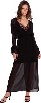 Zwiewna sukienka z szyfonu z koronkowym dekoltem (Czarny, XL)