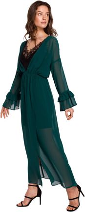 Zwiewna sukienka z szyfonu z koronkowym dekoltem (Zielony, S)