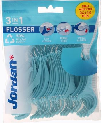 Nić dentystyczna 3 w 1, 36+14 sztuk, niebieska - Jordan 3-in-1 Flosser Dental Stick & Tongue Cleaner 50 szt.