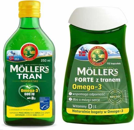 Moller's Peter Moller Zestaw FORTE - kapsułki 112 szt. + tran norweski cytrynowy 250 ml
