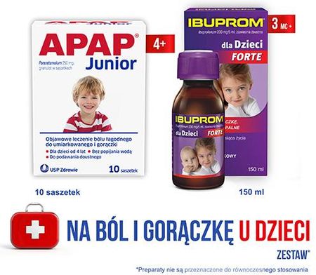 Usp Zdrowie Zestaw APAP Junior - dla dzieci powyżej 4. roku życia, objawowe leczenie bólu, 250 mg, 10 saszetek + Ibuprom Forte płyn, 200 mg/5ml, 150
