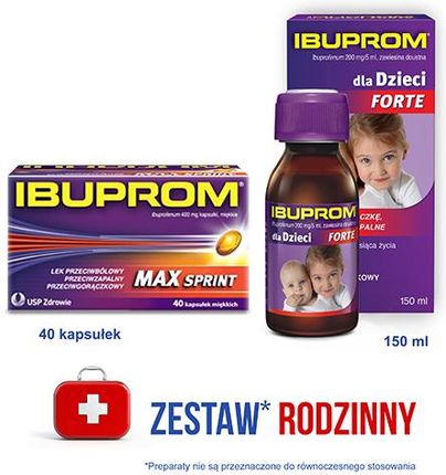 Zestaw Ibuprom Max Sprint - lek przeciwbólowy, przeciwzapalny i przeciwgorączkowy, 40 tabletek + dla Dzieci Forte płyn, 200 mg/5ml, 150ml