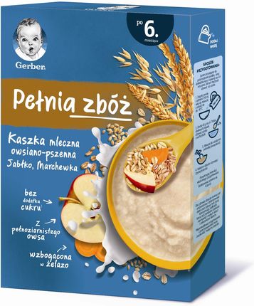 Gerber Pełnia zbóż Kaszka mleczna owsiano-pszenna jabłko marchewka dla niemowląt po 6 miesiącu 200g