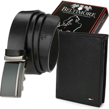 Zestaw męski skórzany premium Beltimore portfel pasek T99 : Kolory - czarny, Rozmiar pasków - r.90-105 cm