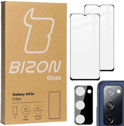 Szkło hartowane Bizon Glass Edge - 2 sztuki + ochrona na obiektyw, Galaxy A03s, czarne (33962)