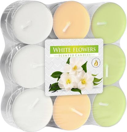 Małe podgrzewacze zapachowe 18szt. opakowanie Białe kwiaty, tealight, 4h palenia, ø3,9x1,5 cm, kolorowy wosk