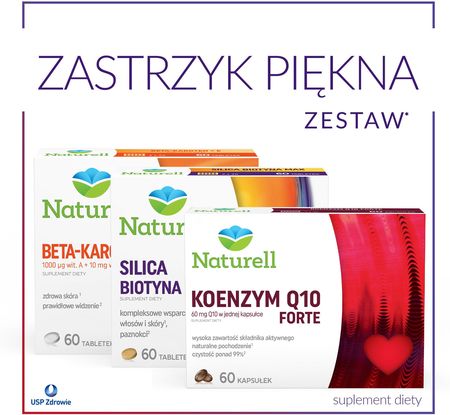 Zestaw ZASTRZYK PIĘKNA - NATURELL Beta-karoten + E tabletki, 60szt. Silica Biotyna Max Koenzym Q10