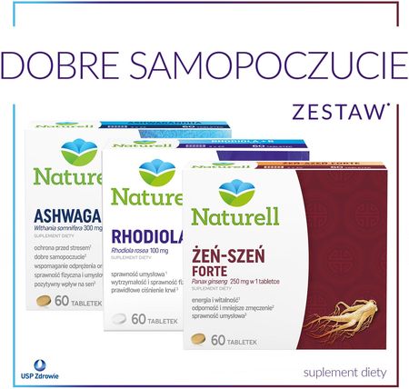 Tabletki Zestaw DOBRE SAMOPOCZUCIE - Naturell Ashwagandha, 60szt. + Rhodiola B, Żeń-szeń FORTE