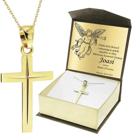 Gold Point Krzyżyk Z Łańcuszkiem Ze Złota + Pudełko Z Grawerem Pamiątka I Komunii Świętej KR174
