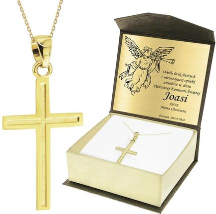 Gold Point Krzyżyk Z Łańcuszkiem Ze Złota + Pudełko Z Grawerem Pamiątka I Komunii Świętej KR97
