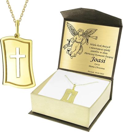 Gold Point Krzyżyk Z Łańcuszkiem Ze Złota + Pudełko Z Grawerem Pamiątka I Komunii Świętej KRIT