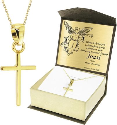 Gold Point Krzyżyk Z Łańcuszkiem Ze Złota + Pudełko Z Grawerem Pamiątka I Komunii Świętej KR6