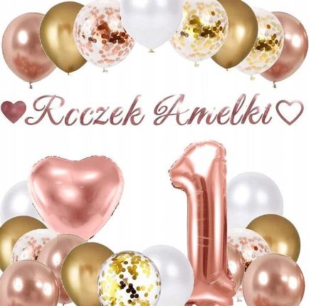 Balony Na Roczek 1 Urodziny Rose Gold Baner + Imię