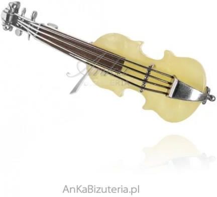 ankabizuteria.pl  Broszka srebrna z żółtym bursztynem eleganckie skrzypce