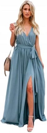 Długa Sukienka Maxi Suknia Z Rozporkiem Niebieska