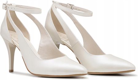 Skórzane szpilki ślubne zapinane na kostkę ekru 37