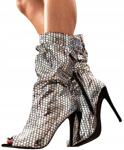 Lu Boo Szpilki Srebrne Czółenka Marszczone Wysokie Disco