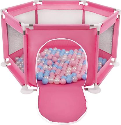 Kiddymoon Partners Sześciokąt Składany Ks-100X Z Piłeczkami 6Cm Zabawka Kojec Różowy Babyblue-Pudrowy Róż-Perła