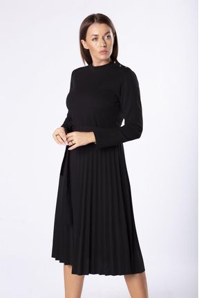 Plisowana czarna sukienka midi z długim rękawem Hamien