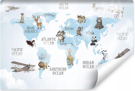 Muralo Fototapeta Mapa Świata Zwierzęta Napisy 3D 90x60