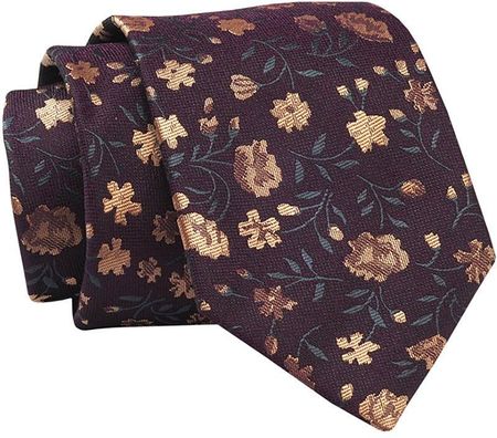 Krawat Śliwkowy w Beżowe Kwiatki, 7 cm, Elegancki, Klasyczny, Męski -ALTIES KRALTS0630