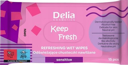 DELIA Cosmetics Keep Fresh Odświeżajace Chusteczki nawilżane - Sensitive 1op, 15szt 
