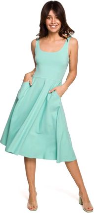 B218 Sukienka rozkloszowana na cienkich ramiączkach - miętowa (Kolor seledynowy, Rozmiar L (40))