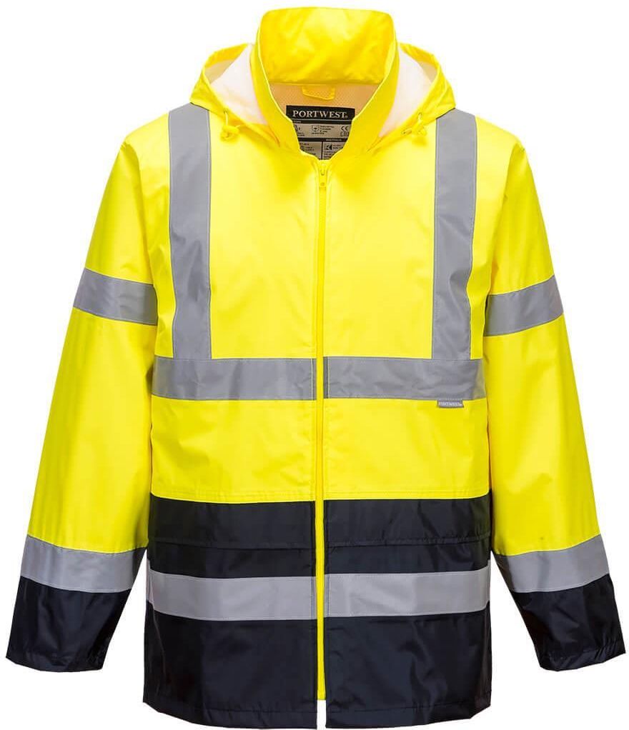 Portwest H443 Hi-Vis Klassiek Tweekleuren Regenjack, Oranje/Marine, Grootte XL