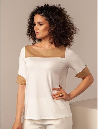 Elegancka biała bluzka z kontrastowym dekoltem