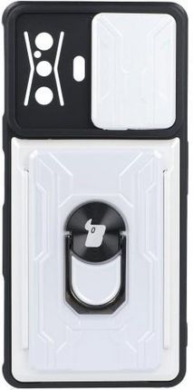 Etui Bizon Case CamShield Card Slot Ring Xiaomi Poco F4 GT, białe (40354)