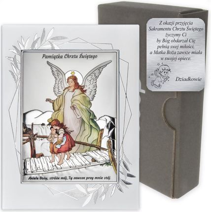 Dono Obrazek srebrny Anioł na kładce Pamiątka Chrztu Świętego DS41FOC