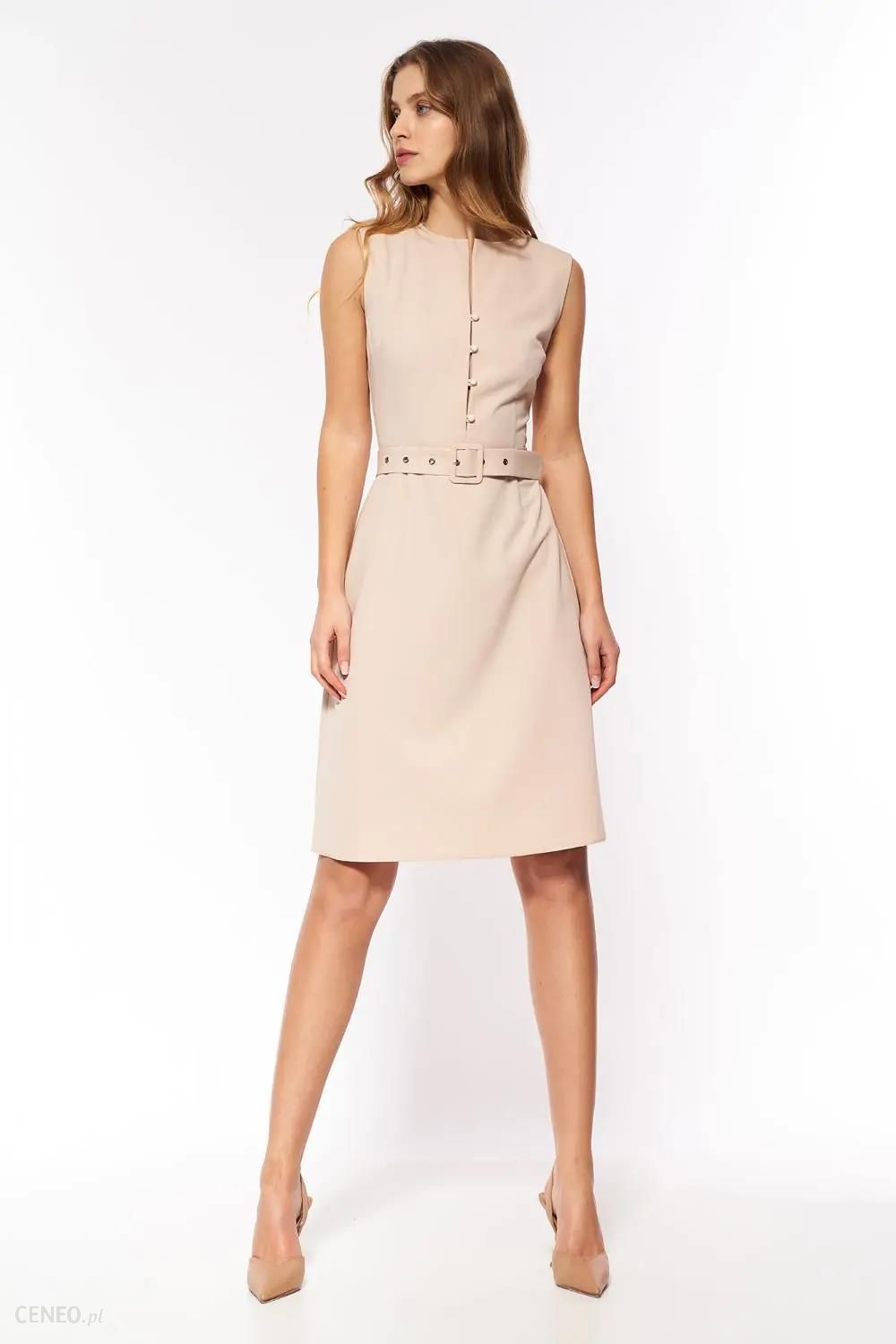 Beżowa elegancka sukienka bez rękawów - S200 (Kolor beżowy, Rozmiar S (36))  - Ceny i opinie 