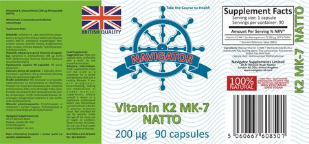 NAVIGATOR Vitamin K2 MK-7 NATTO 200mcg 90 Kapsułek