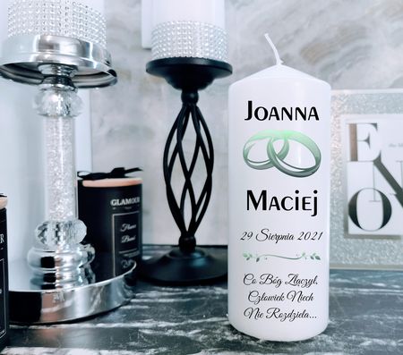 Świece Glamour Świeca Z Imionami Pary Młodej Ślub I Wesele W Kolorze Szaro/Zielonym (5001NO)